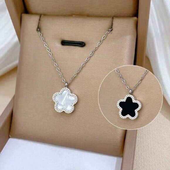 Jewelry - Mother of Pearl & Black Clover Reversible Necklace – Sterling Silver